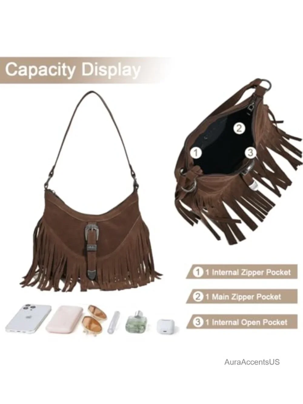 Vintage Boho Faux Suede Fringe Shoulder Bag Hobo Purse with Tassel